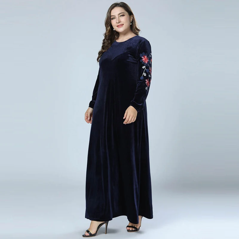 2018 зимние Для женщин бархат Абаи мусульманское платье макси Одежда из Дубая кафтан с длинными рукавами Мусульманские платья Темно-синие