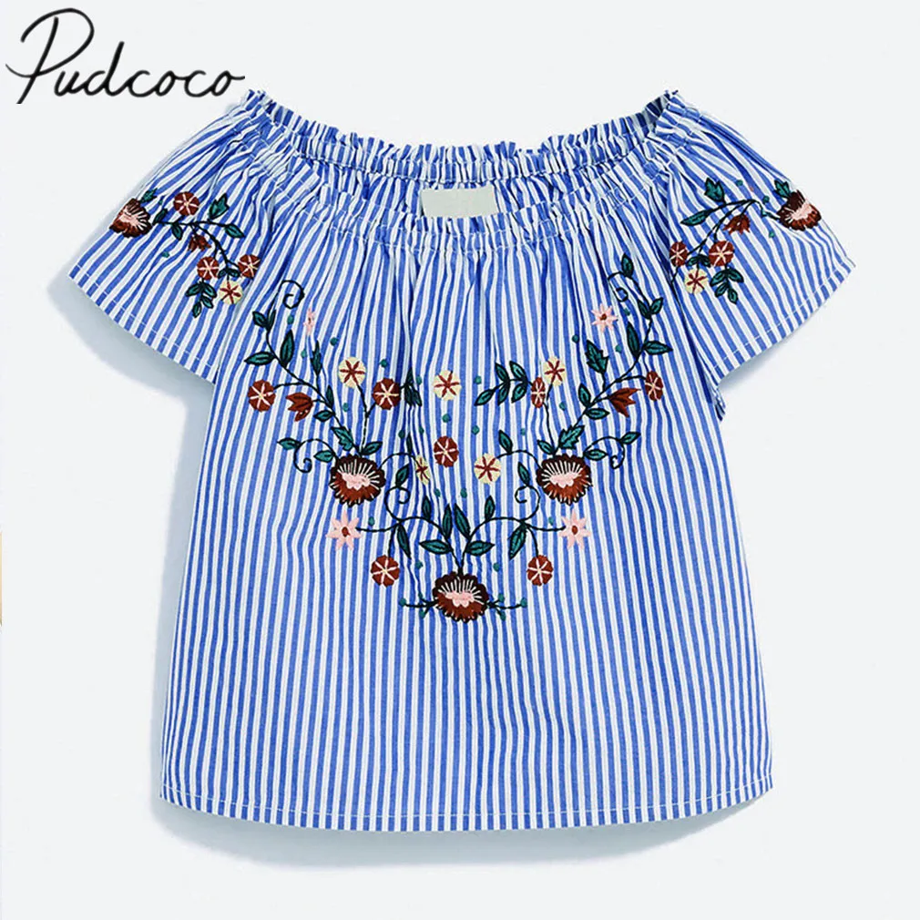 

2019 Children Summer Clothing 1-6Y Toddler Baby Girl Stripe Ruffle Embroidery Flower T-shirt Outfit Clothes 100% Cotton T shirt