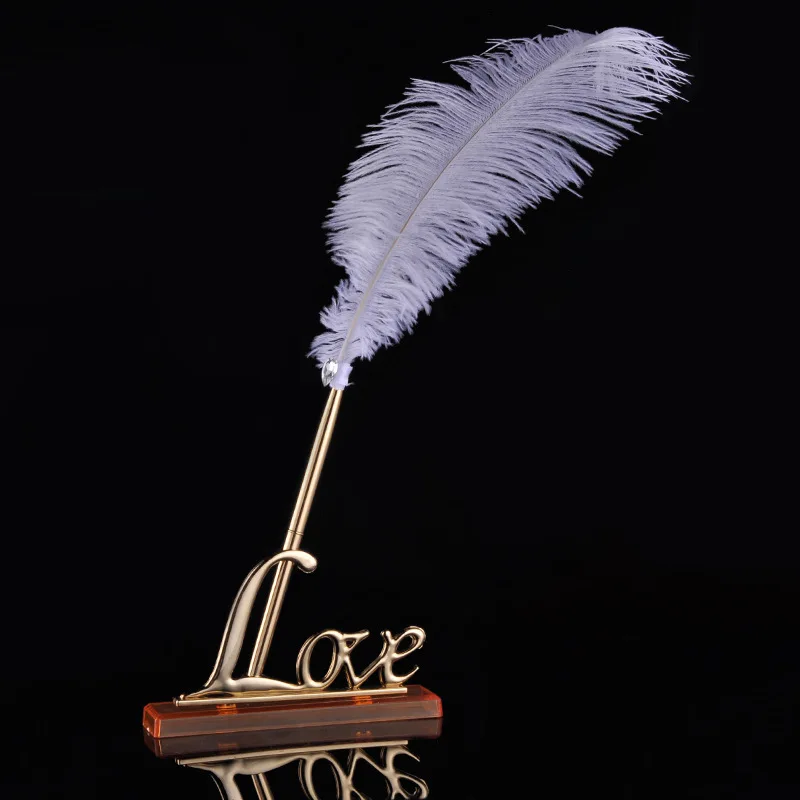 White Feather Signing Ballpoint Pen With Gold Love Holder Set For Quill