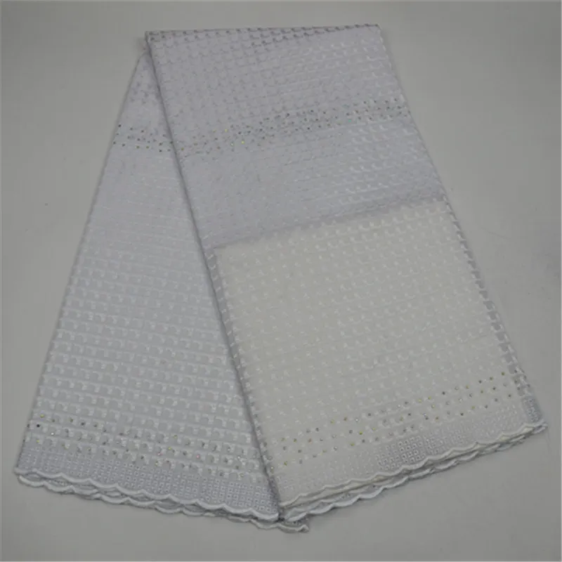 

High Quality Stones white polish lace fabric African Swiss Voile Lace with stones 100%cotton fabric