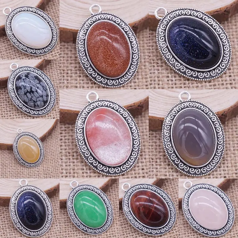 

Wholsale Natural Stone Pendant Necklace Oval Shape Cabochon Stone/Opal/Tiger Eye Stone 40*28mm