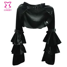 Black Flannel Ruffle Long Sleeve With Belt Steampunk Jacket Women Gothic Bolero Coat Outwear Sexy Corset