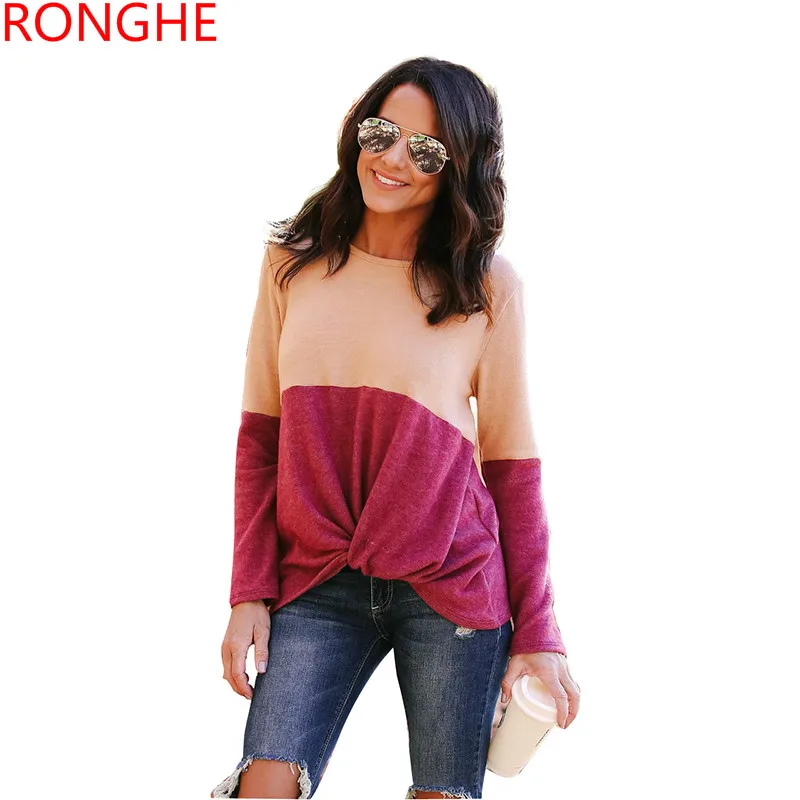 RongHe Cashmere Women Clothes Knitted Sweater Long Sleeve Pullovers Bow Lady Jumper Loose Patchwork Irregular Top Femme | Женская одежда