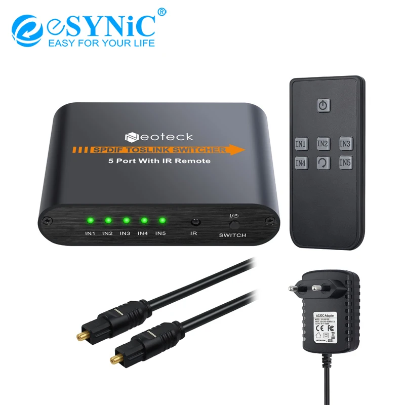ESYNiC SPDIF/Toslink коммутатор 5x1 с ИК пультом для Fit LPCM2.0/DTS/Dolby AC3 Цифровой оптический