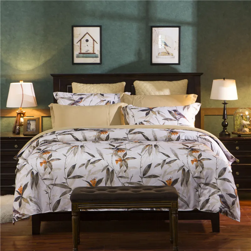 American Style Bamboo Flower Bird Cotton 4Pcs Twin/Full/Queen/King Size Bedding Quilt/Duvet