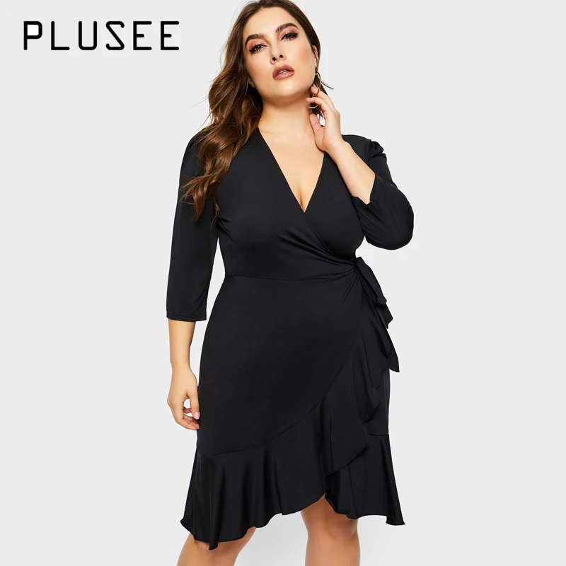

PLUSEE Pure Color Sexy Deep V Neck Irregular Wrap Dress Plus Size 3/4 Sleeve Ruffles Dancing Dresses Vestidos for Spring Autumn