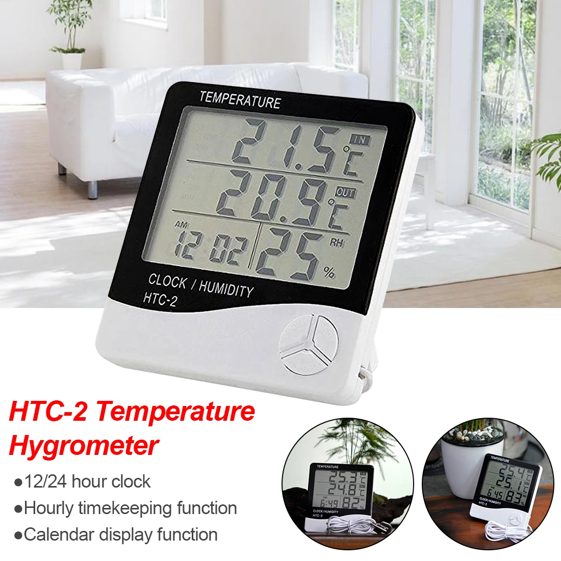 

Weather Station Digital Room Hygrometer Thermometer Clock LCD Indoor/Outdoor Temperature Humidity Meter with Probe HTC-2