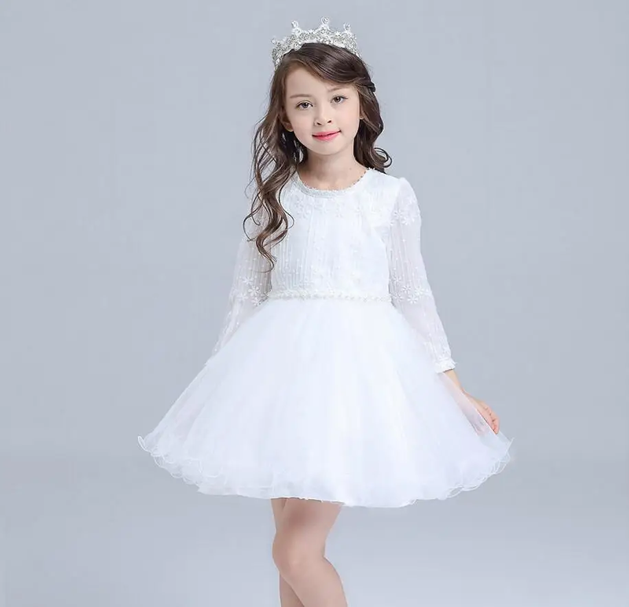 Long Sleeves Lace Flower Bowknot Little Girls Birthday Party Dress