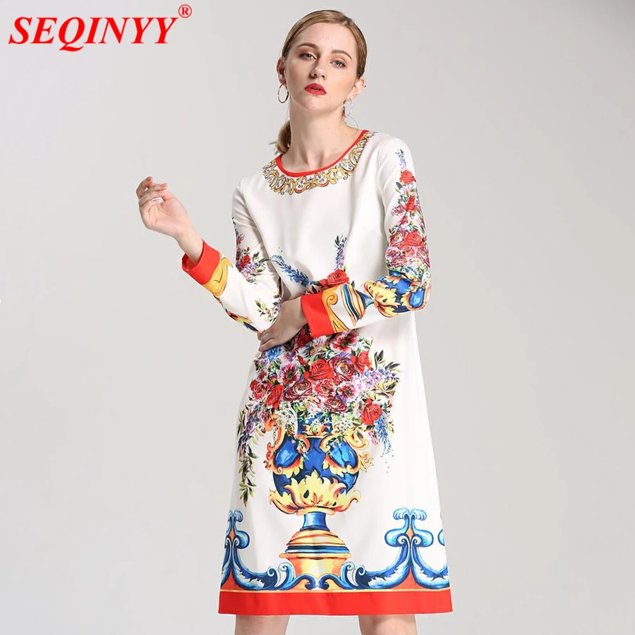 

Fresh Casual Print Dress 2018 Autumn High End Full Sleeve Brilliant Flower Print A-Line Women New Loose Slim Knee-Length Dress
