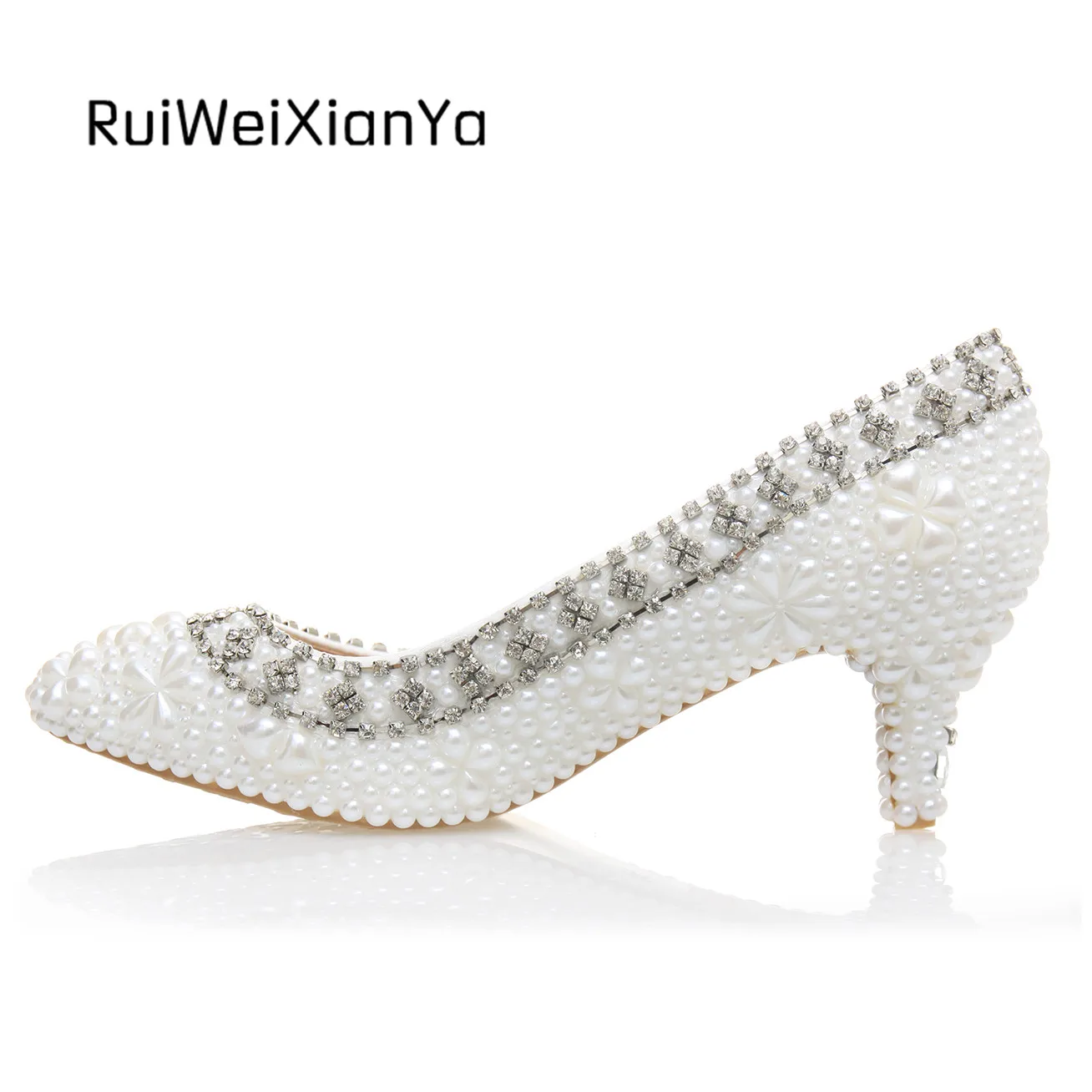 

2017 New Fashion Spring Zapatos Mujer Pearl Bride Wedding Shoes White Kitten Heels Single Shoes Woman Pumps Plus Size Hot Sale