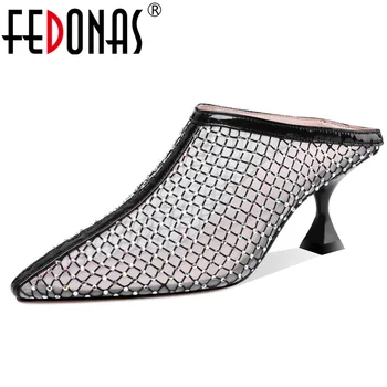 

FEDONAS 2021 Fashion Sexy Pointed Toe Strange Style Women Pumps Elegant Mules Hollow Mesh Crystal Sandals Summer Shoes Woman