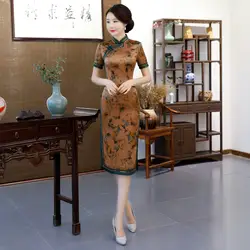 Новое поступление классический с цветочным принтом тонкий Qipao Китайский Винтаж Cheongsam короткий рукав Новинка Короткое платье; Размеры M, L, XL