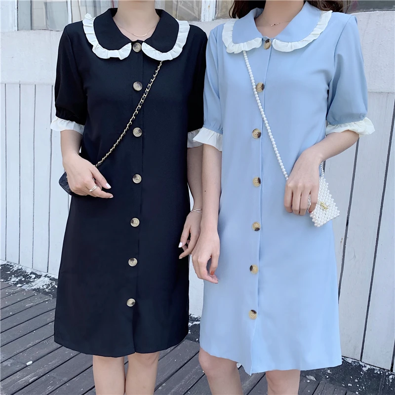 

2019 New Korean Chic Doll Collar Short Sleeve Dress Women Summer Cute Single Breasted A-Line Chiffon Dresses Hot Sale
