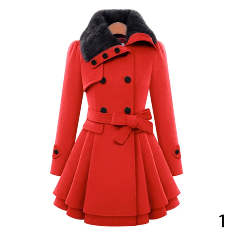 Зимнее пальто, Женский Тренч, пальто с отложным воротником, с длинным рукавом, бушлат из искусственного меха, двубортное, Толстого размера плюс, модная верхняя одежда - Цвет: Красный