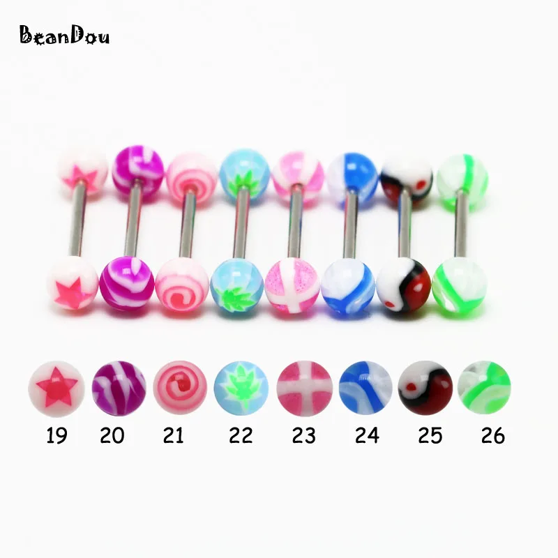 12pieces fashion barbell tongue bar tongue piercing rings acrylic stainless steel mixed colors 1.6mm 14G  body jewelry men women 2
