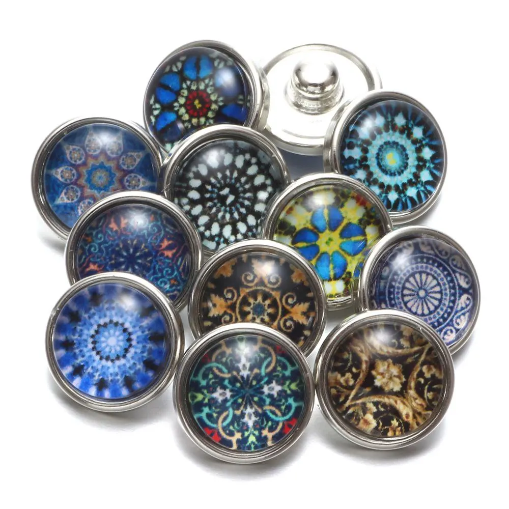 

12pcs/Lot Exotic Pattern Glass Charm 18-20mm Snap Button Jewelry For 18-20mm Snaps Bracelet Snap Jewelry KZ0533
