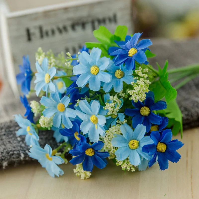 7 branch 1 Bouquet 28 heads cute silk daisy artificial decorative flower wedding flower bouquet home room table decoration - Color: blue