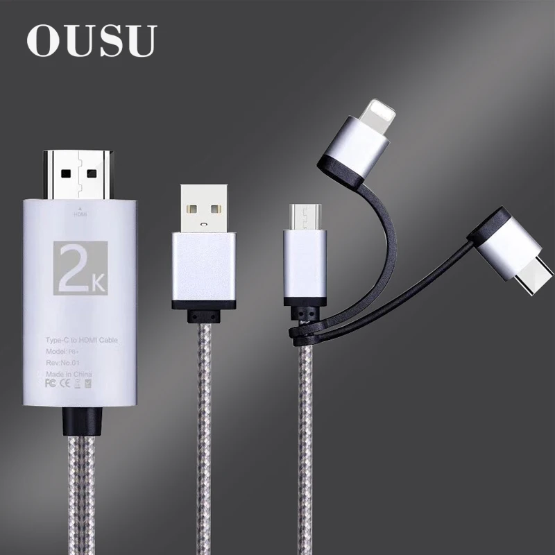

OUSU HDMI VGA Adapter 3 in 1 USB Cable For iphone Android Micro USB Type C For xiaomi Mobile Phone Cables To Tablet Projector TV