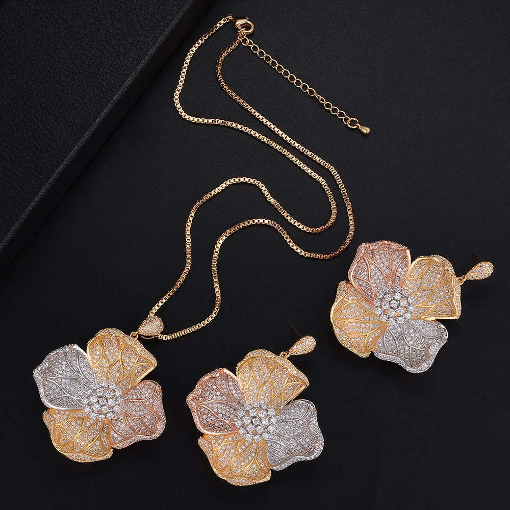 

Fashion Multicolors Plant Flower Shape Big Size Dangle Earrings Necklace Sets For Women Wedding Engagement Jewlery
