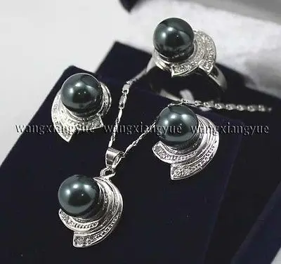 

Black Shell Pearl Earrings Ring & Necklace Pendant SetAAA 18K GP Plated gold Bridal wide watch wings queen JEWE