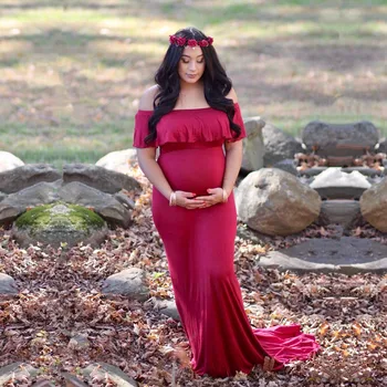 

Le Couple Ruffles Maternity Photography Props Long Dress Slash Neck Jersey Cotton Maternity Photo Session Maxi Dresses Gown