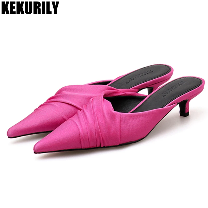 

Woman pleated heels mules fashion pointed toe Shoes shallow slip on shoes Slides zapatos de mujer black rose red purple blue