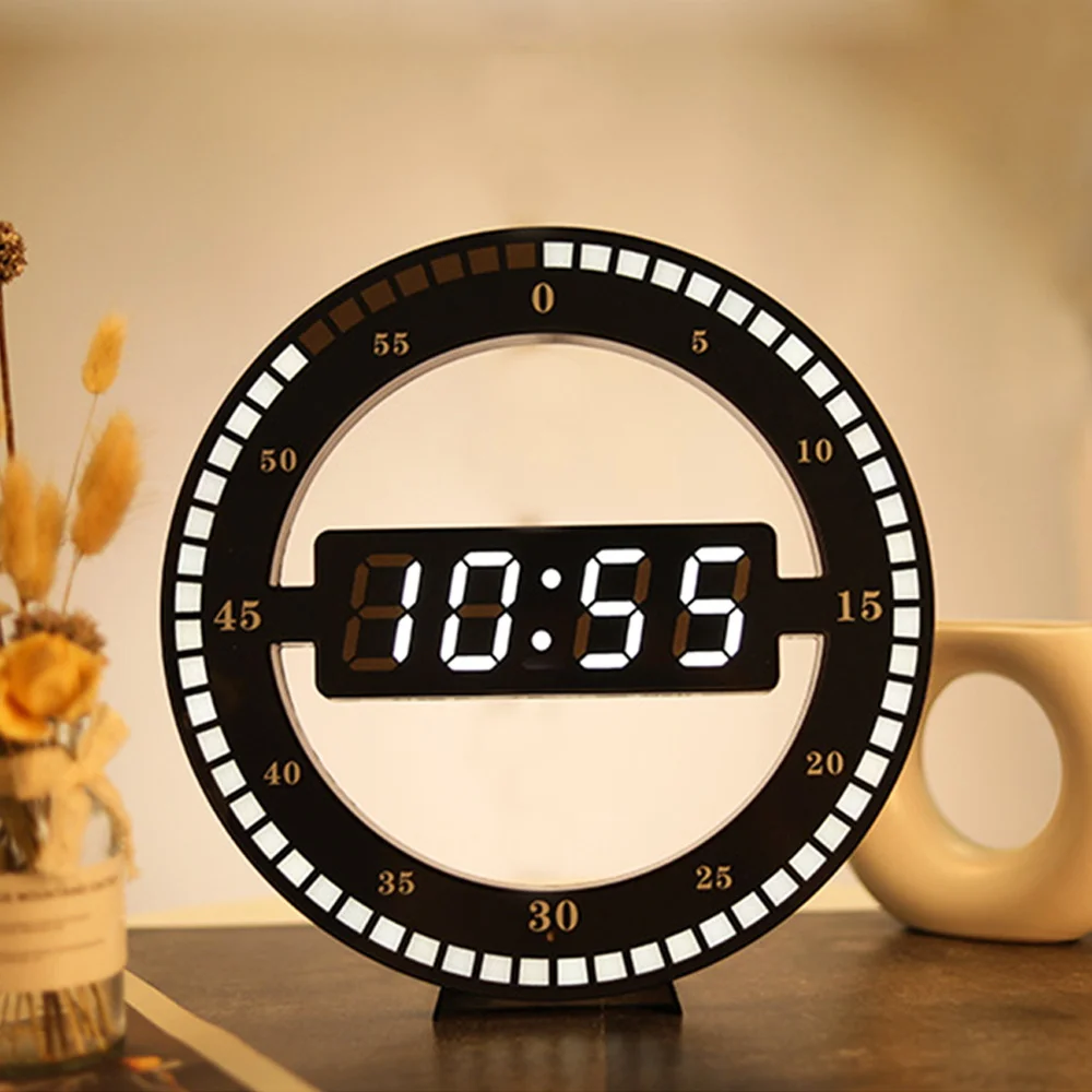 

Creative Hanging Wall Clock Black Circle Mute Digital Clock LED Display Desktop Table Clocks Brightness Auto-adjust Home Decor