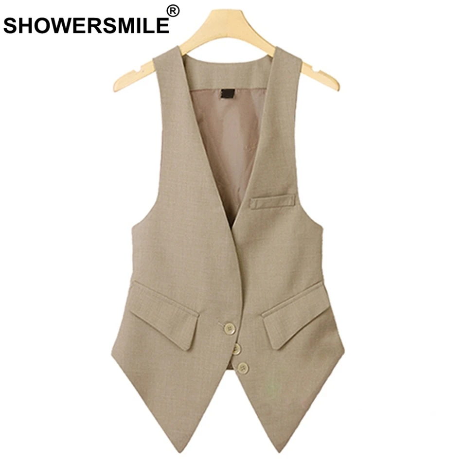 SHOWERSMILE Camel Suit Vest Women Office Lady Slim Fit Waistcoat Sleeveless Blazer Female Working V Neck Summer Autumn Gilet 
