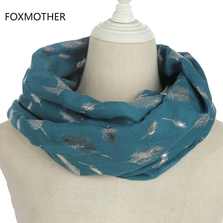 Teal FOXMOTHER модные женские белые темно-синие желтые бронзовые фольга Серебряное перо кольцо шарфы шейный шарф блестящий платок - Цвет: Teal