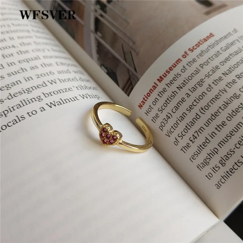 

WFSVER korea style 925 sterling silver ring for women gold color simple heart-shaped ring opening adjustable fine jewelry gift