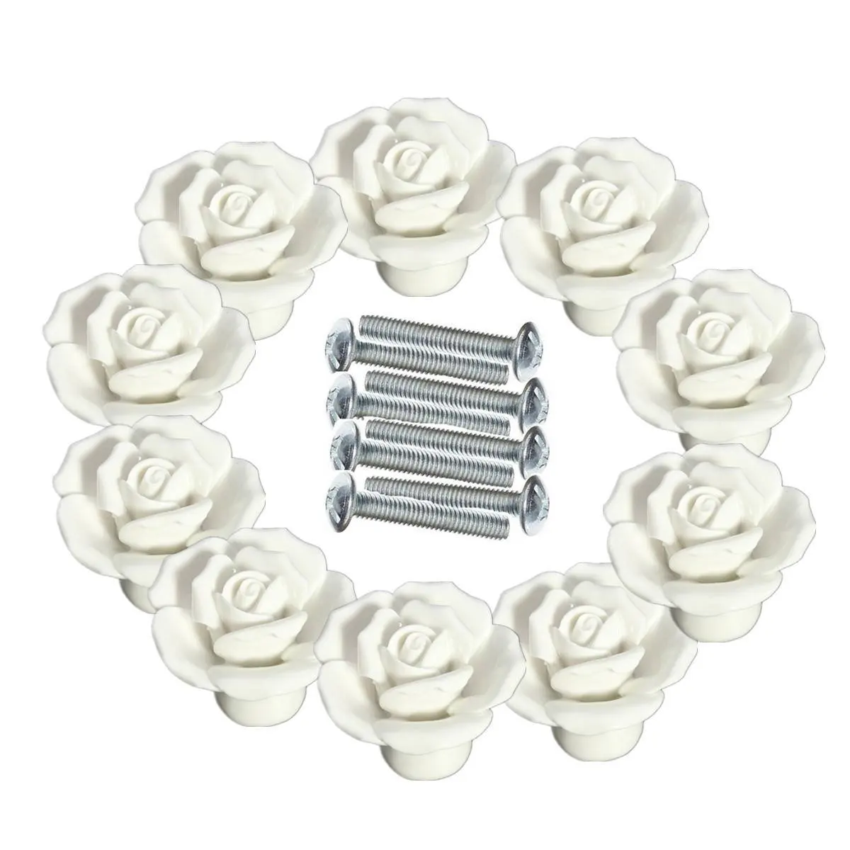 

10pcs Vintage Rose Flower Ceramic Door Knobs Handle Drawer White