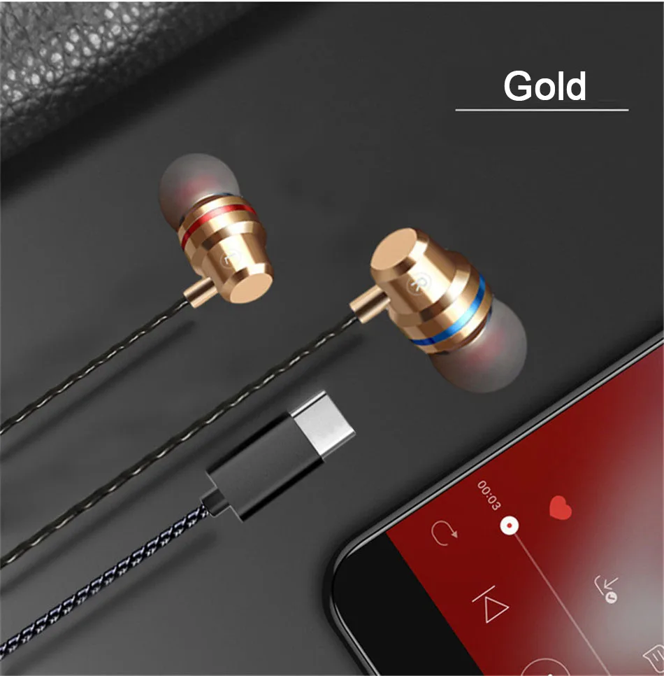 USB Type C Earphone Dynamic Drive Headphone For Xiaomi 6 6X 8 Mix2 Note5 Bass Metal Sport Gaming Earphones With Mic For Samsung12