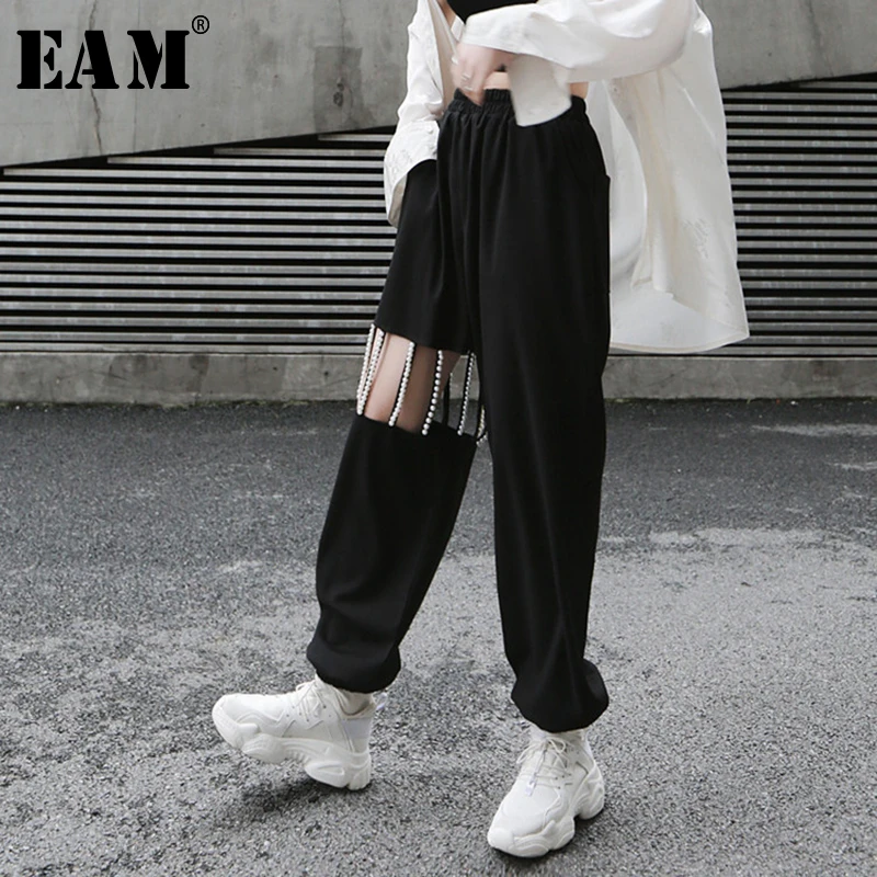 

[EAM] 2019 New Spring Autumn High Elastic Waist Loose Pearls Hollow Out Pockets Long Pants Women Trousers Fashion Tide JY775