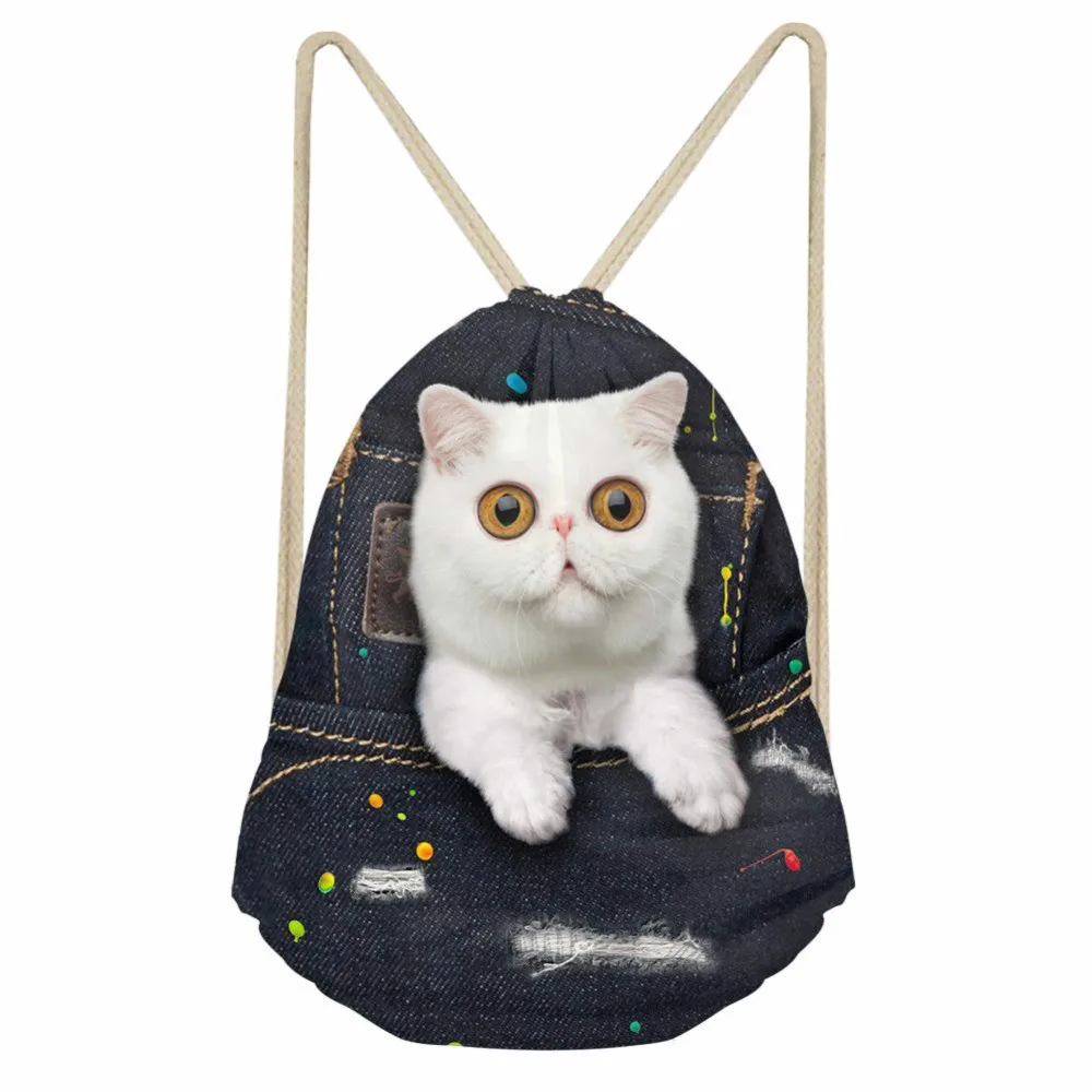 

ThiKin Denim Cat Girls Drawstring bag Fashion Softback Storage Backpacks Beach Bag Large String Backpack Student School Bag