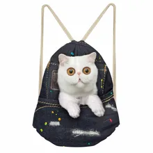 ThiKin Denim Cat Girls Drawstring bag Fashion Softback Storage Backpacks Beach Bag Large String Backpack Student School Bag