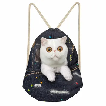 

ThiKin Denim Cat Girls Drawstring bag Fashion Softback Storage Backpacks Beach Bag Large String Backpack Student School Bag