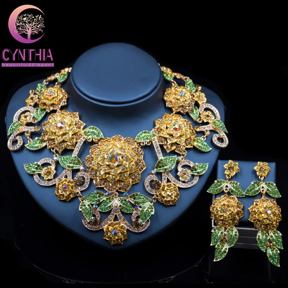 

Fashion Design Flower Crystal Rhinestone Bride 2PCS Nigerian Wedding African Beads Necklace Earrings Bridal Wedding Jewelry Set