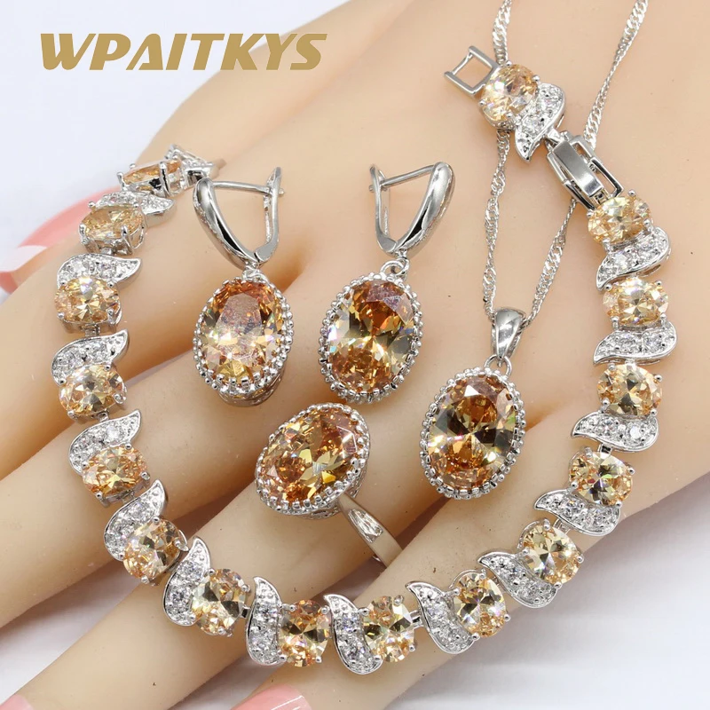 Овальный апельсин фианиты 925 серебряные ювелирные наборы для женщин браслет серьги ожерелье кулон кольца подарочная коробка