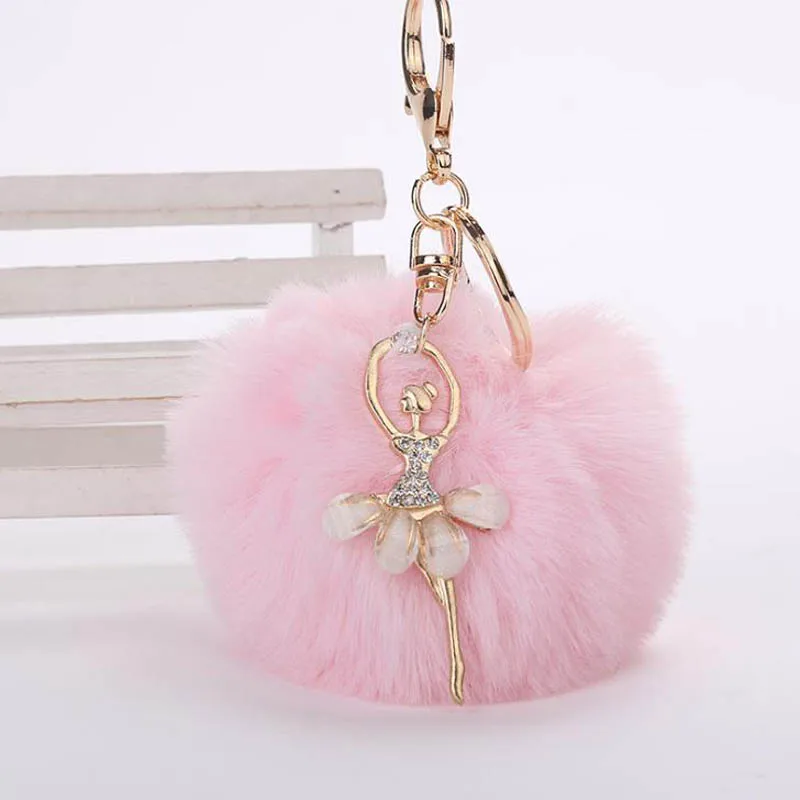 Милый танцевальный брелок с изображением ангела, Подвеска для женщин, брелок для ключей, пушистые поддельные помпоны, брелки, подарки для сумок, аксессуары - Цвет: light pink