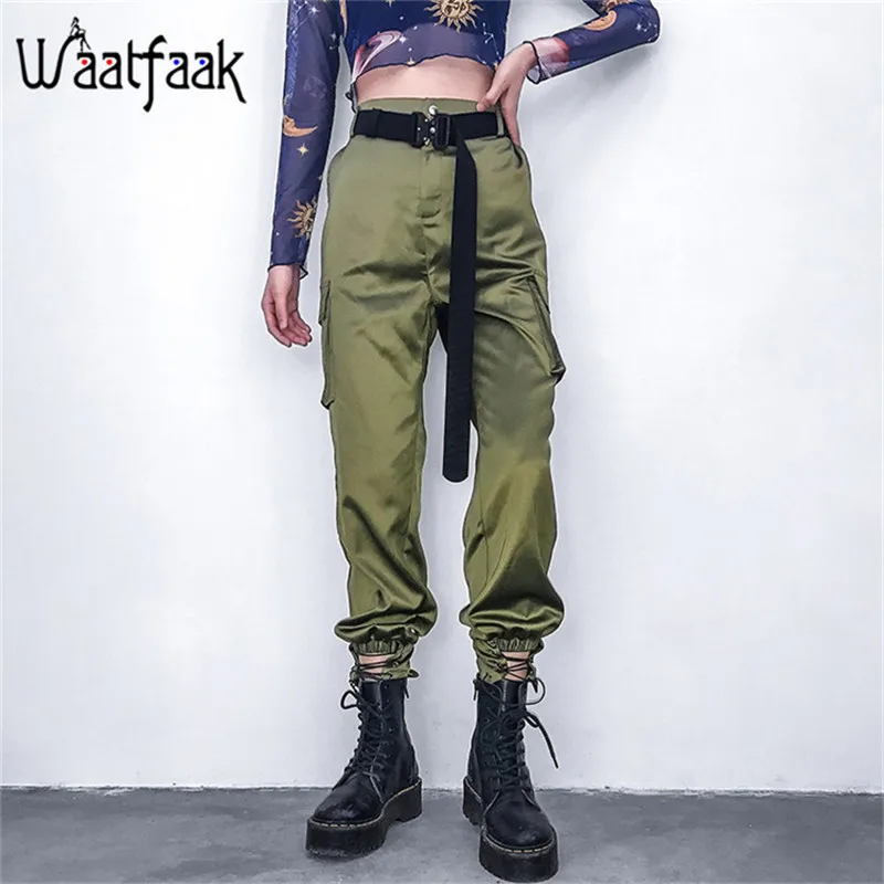 

Waatfaak Green Streetwear Cargo Trousers Women Bandage Casual Pencil Pants Female High Waist Pocket Stain Joggers Capri Pants