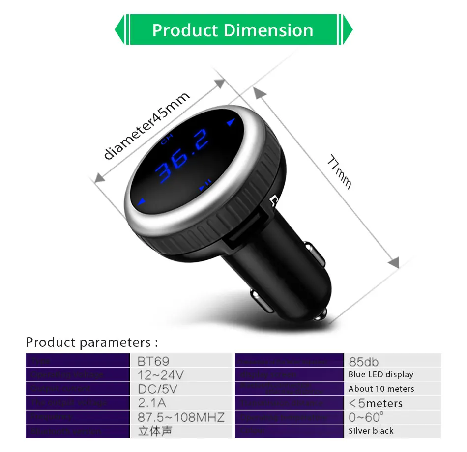 VANJEW BT69 беспроводной Bluetooth fm-передатчик трансмисор fm-модулятор двойной usb порт передатчик AUX автомобильное зарядное устройство TF карта USB диск