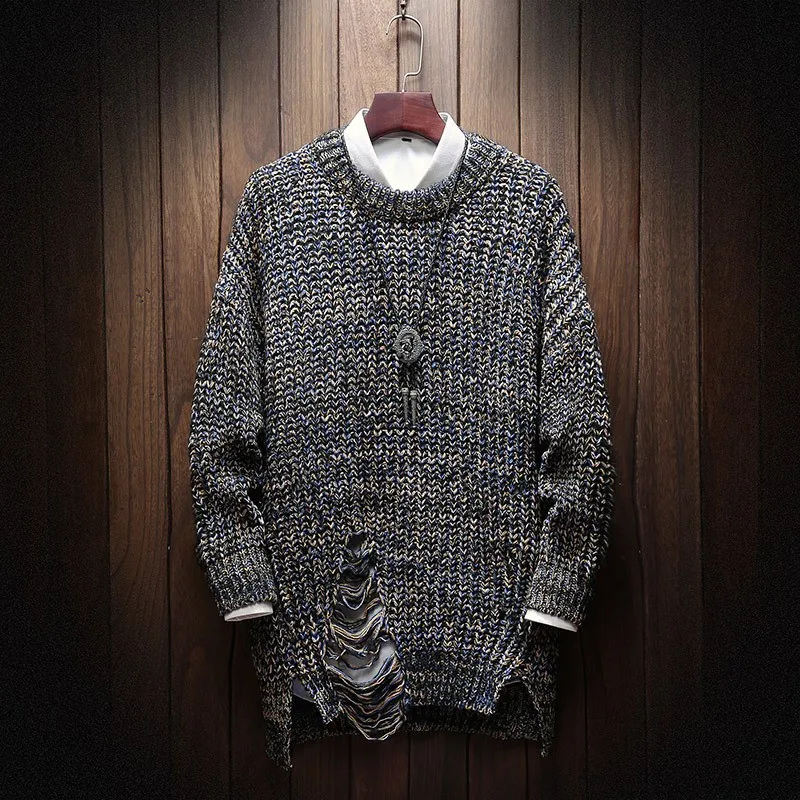 2019 новые модные мужские тонкие свитера повседневные хлопковые с круглым вырезом вязаный свитер с длинным рукавом рваные пуловер, свитер