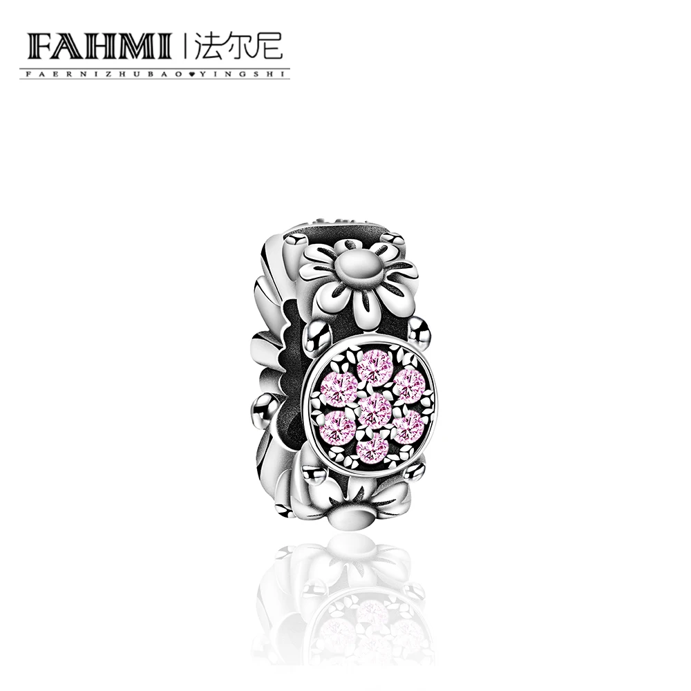 

FAHMI 100% 925 Sterling Silver Pink Gemstone Flower Spacer Beads Charm Suitable DIY Bracelet Gift Women Original Jewelry Wedding