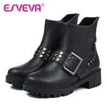 ESVEVA 2016 Schwarze Frauen Mode Stiefel Schnalle Stiefeletten Platz High Heel Nieten Herbst Winter Damen Motorradstiefel Größe 34-42