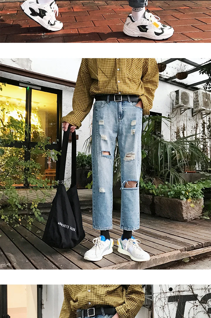 Новинка года, весенне-летние корейские повседневные модные прямые джинсы с дырками в стиле колледжа, уличная одежда в стиле хип-хоп