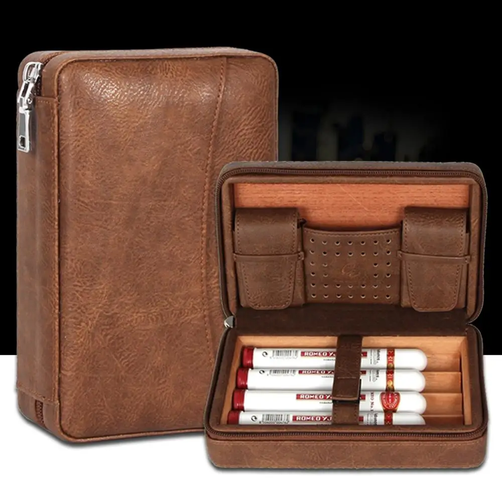  GALINER Portable Humidor Cigar Travel Case Leather Cedar Wood 4 Tube Holder Cigar Humidor Charuto B