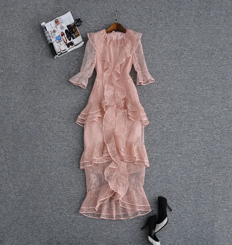 2018 Новый розовый цвет Для женщин кружевными оборками до середины икры платье сладкий Обручение вечерние платье Высокое качество