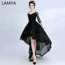 LAMYA простой Высокая Низкая вечерние платья черный половина кружево рукавом Пром платья для женщин для вечернее платье с открытой спиной Robe