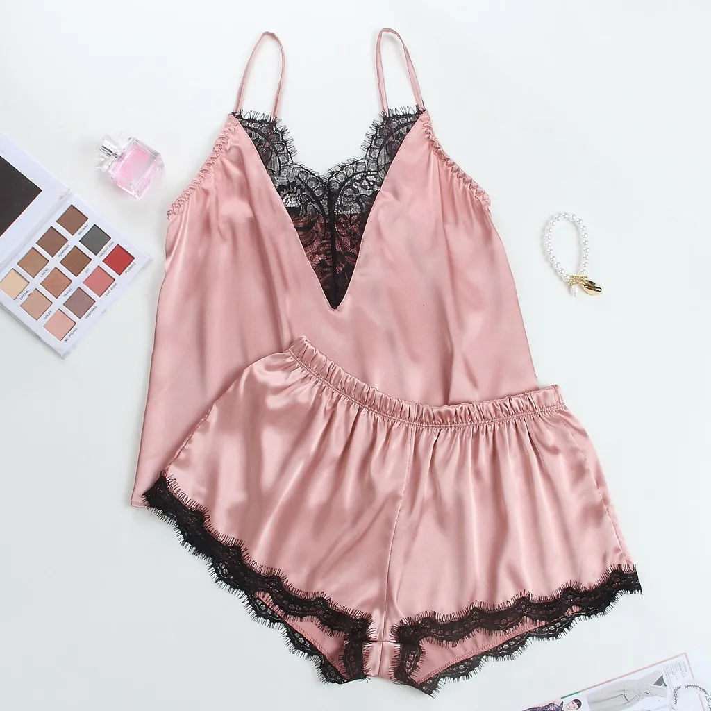 

Brand New Women V-Neck Silk Lace Sexy Stain Backless Camisole Pajamas Sleepwear Shorts Set fashion Spaghetti strap pajama set