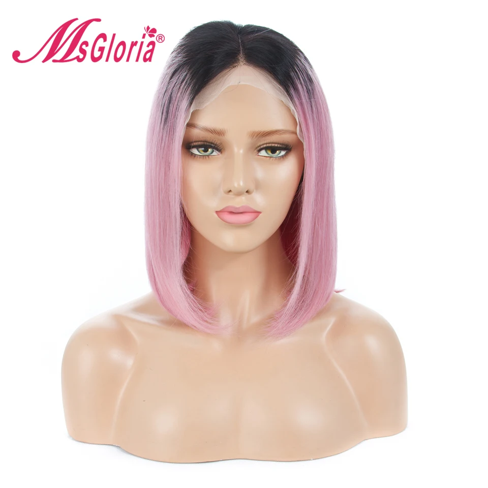 Msgloria Two Tone 1B Pink Bob Wigs Bleached Knots With Baby Hair Lace